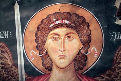 Fresco Bizantino del Siglo XV (detalle) Arcángel Miguel Pintura Mural Iglesia del Arcángel Miguel en Pedoulas, Chipre Iglesias Pintadas Sitio UNESCO Troodos, Chipre de Unknown